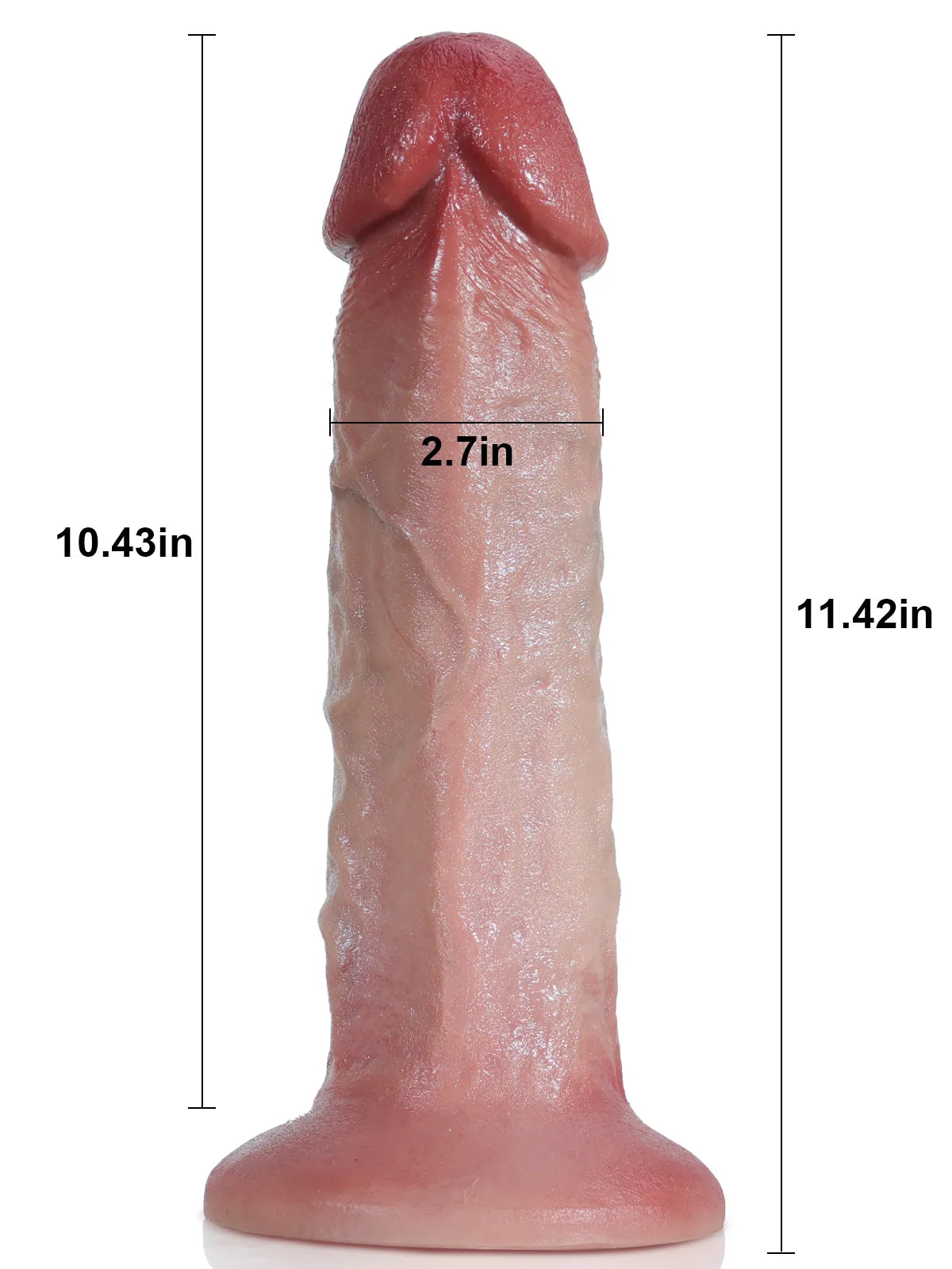 Andrew 11" x 2.7" Dildo Size Chart Showing Total 11.42" Length, 10.43" Insertable Length, and 2.7" Diameter