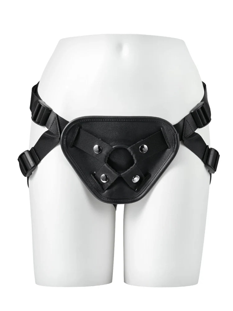 Black Leather Strap-On Harness, Adjustable Fit for Suction Cup Dildos
