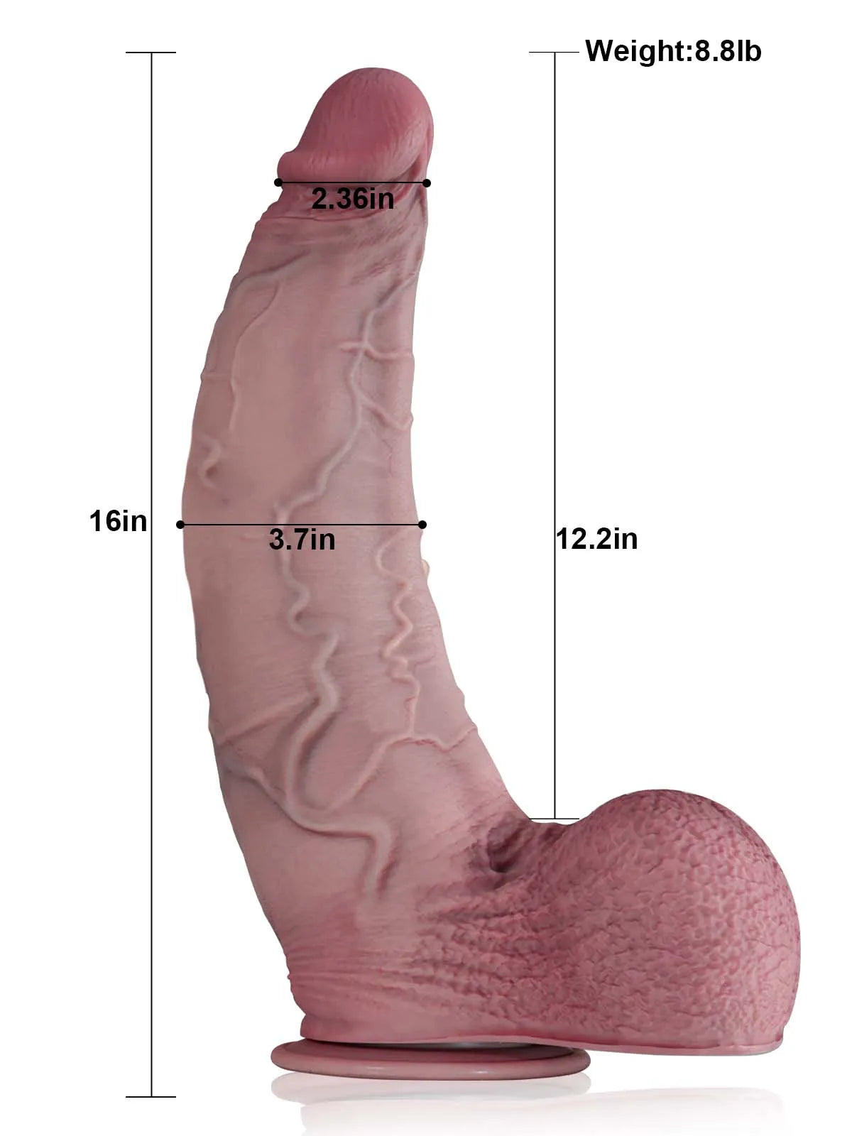 Kian 16" x 3.7" Silicone Dildo Size Chart Showing Total Length, Insertable Length, and Diameter