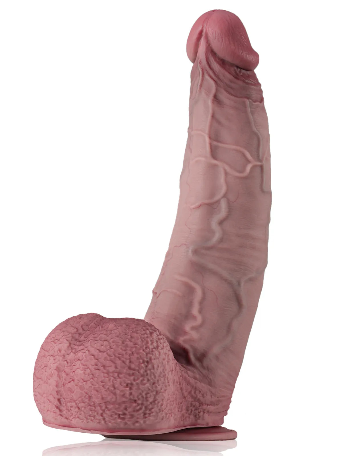 Kian 16" x 3.7" Dildo Side View Featuring Thick Shaft and Large Testicles