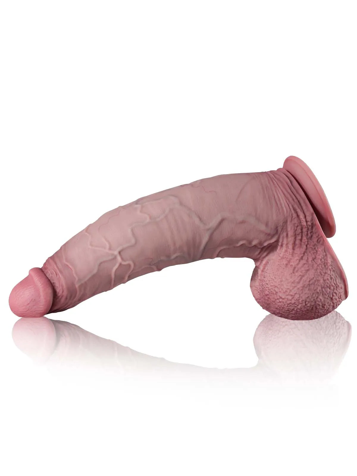 Kian 16" x 3.7" Dildo Lying on Table Side View Showing Realistic Head and Thick Shaft