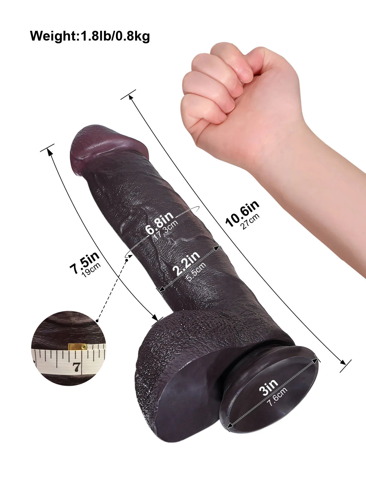 Erlos 10.6" x 2.2" Black Realistic Thrusting Dildo with Vibration & Heating