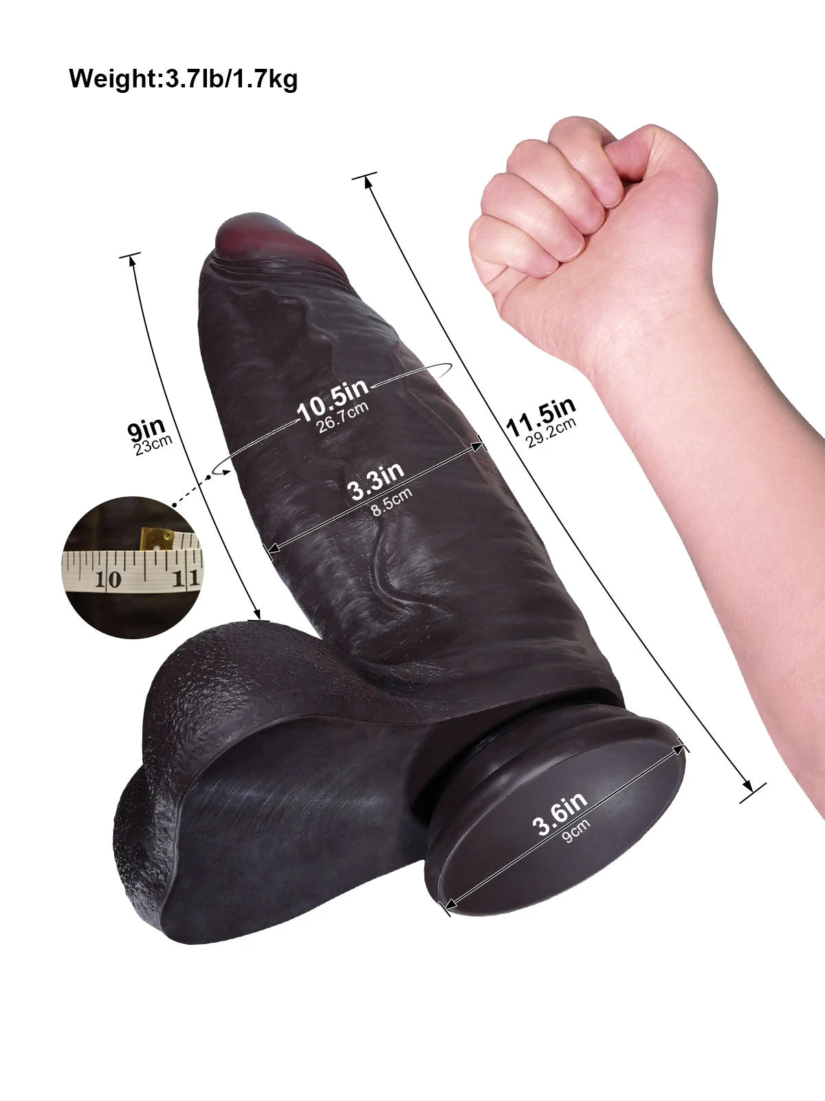Kodin 11.5" x 3.3" Black Realistic Dildo with Gradually Thickening Shaft