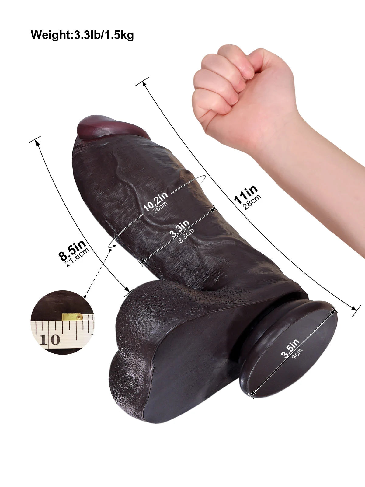 Kutin 11" x 3.3" Black Realistic Dildo with Thick Swelling Shaft