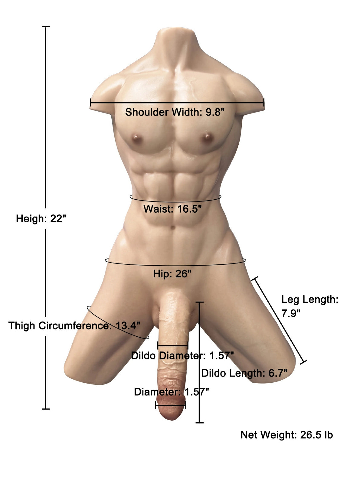 Serge 22" Realistic Male Torso Dildo with 6.7" Shaft & Anal Channel, 26.5 lb